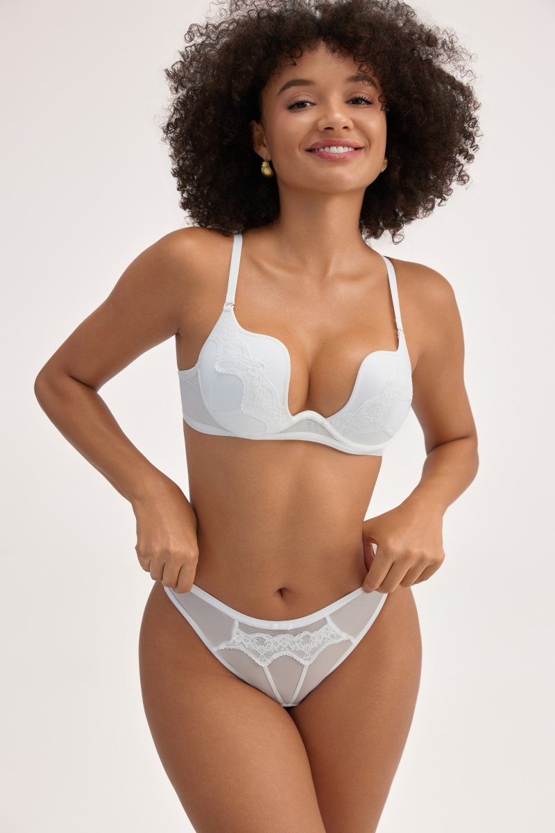 Solid Floral Lace Irregular Cup Bra Set - Women's Underwire Mesh Closure Underwear Set - MW6006