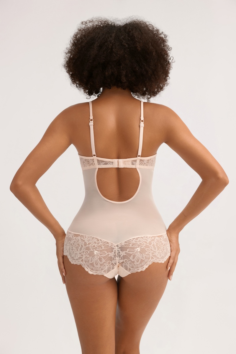 Floral Lace Mesh Wireless Bodysuit - Women's Figure-Enhancing Back Closure Garment - MW5004
