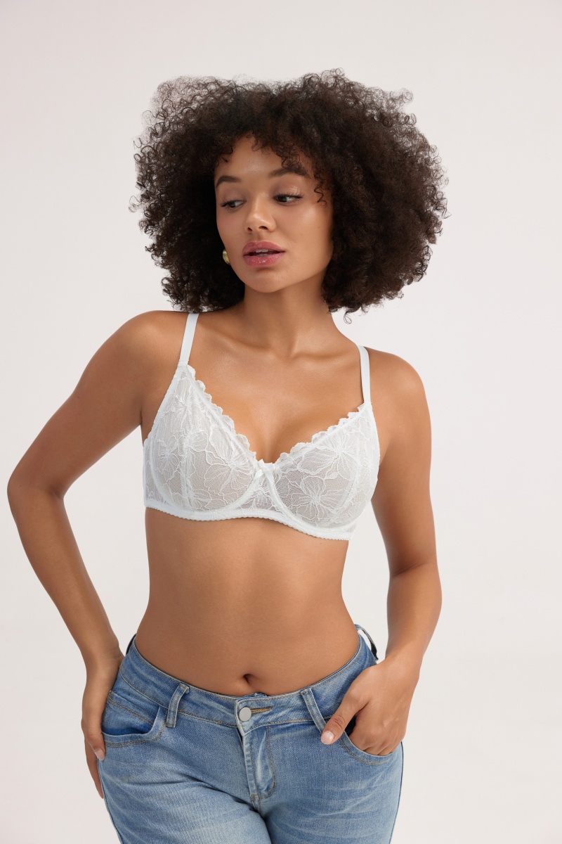 Thin Sheer Lace Underwire Bra - Breathable Embroidery Craft Lingerie for Women - MW8003