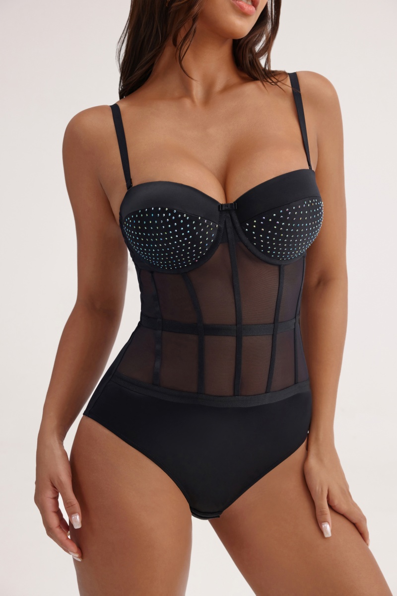 Sexy Backless Mesh Bodysuit - Rhinestone Application Process Shapewear - MW5016