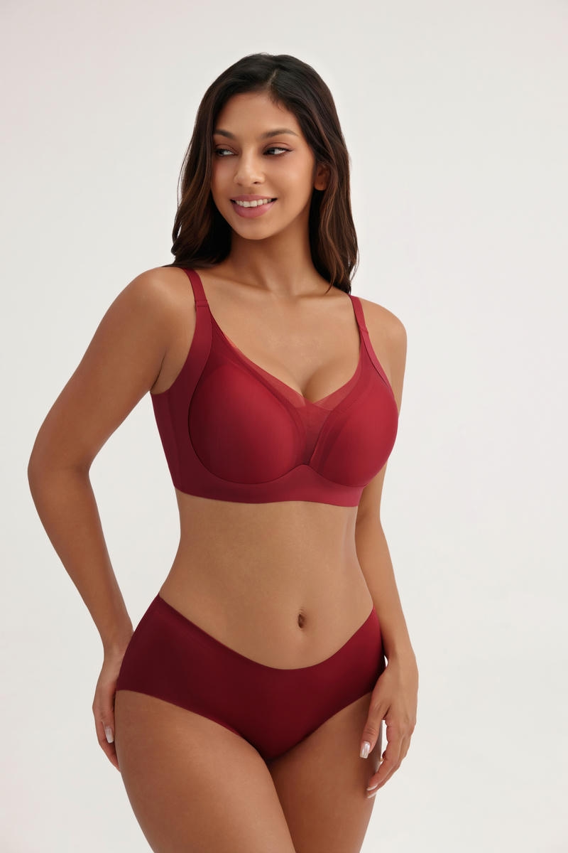 Burgundy Seamless Lingerie Bra Set (L-2XL) , Elastane Blend for All-Day Comfort - MW6009