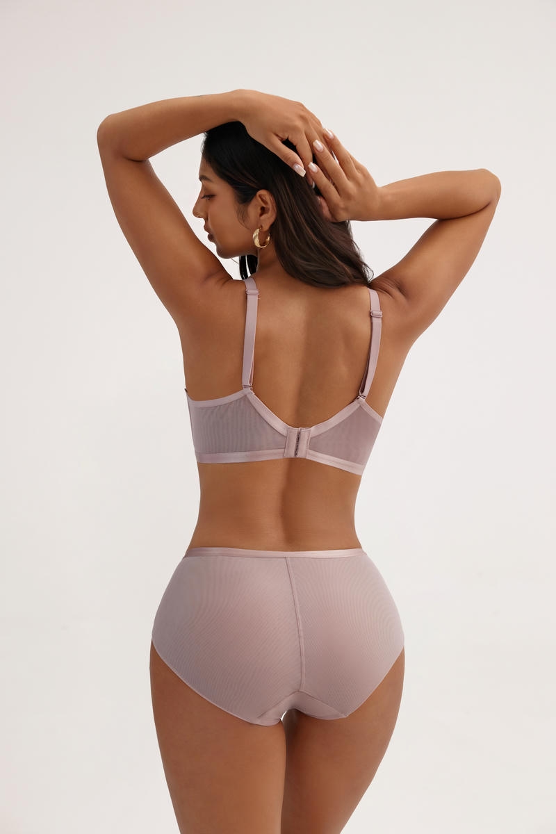 Dusty Pink Striped Underwire Lingerie Bra Set - Breathable Mesh Fabric, Padded Mold Cups - MW6010