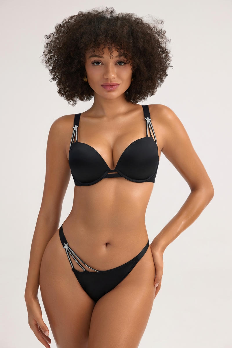 Black Solid Underwire Lingerie Bra Set - Star Embellished Straps & Breathable Mesh - MW6011