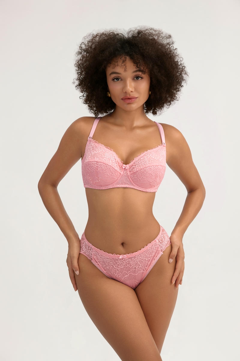 Soft Pink Full Lace Bra Set with Delicate Details - MW7015