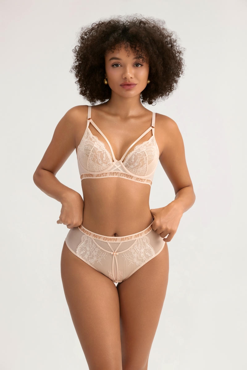 Soft Pink "JUST MY OWN" Letter Lace Lingerie Bra Set - Lace + Mesh, 100% Cotton Crotch - MW7017