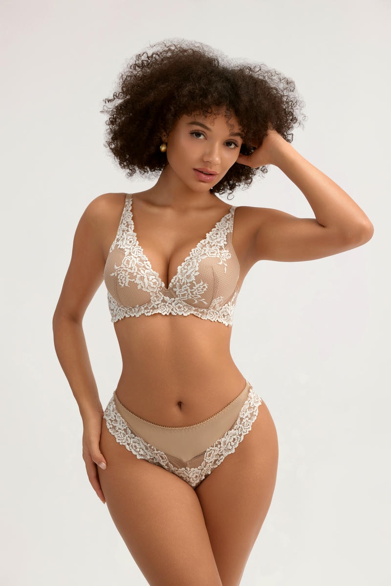 Nude & White Contrast Lace Lingerie Bra Set - Halter Strap, Flattering Fit - MW7018