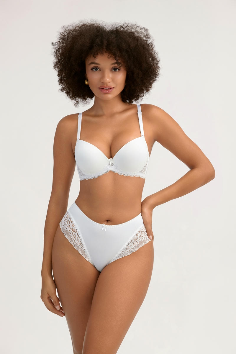 White Lace Trim Lingerie Bra Set - Smooth Cup, Bow Detail (Comfortable Daily Wear) - MW7020