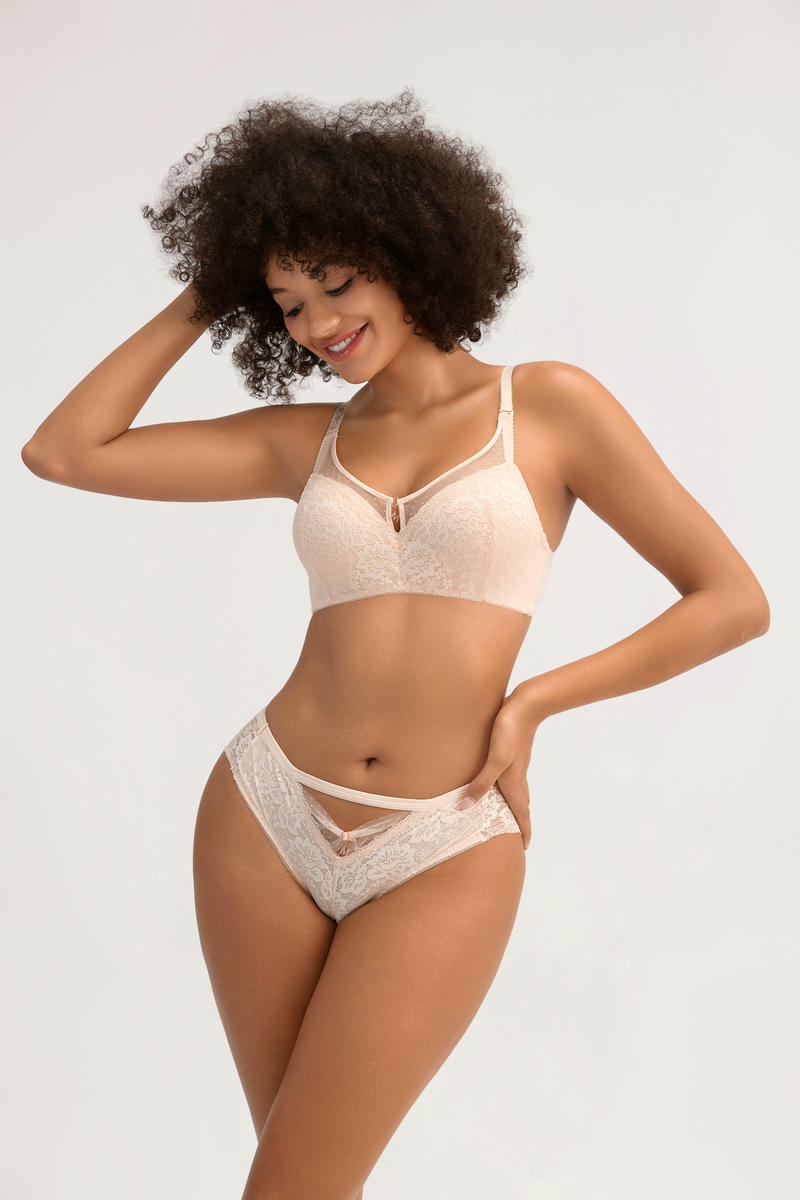 Beige Lace Lingerie Bra Set - Keyhole Detail, Sheer Mesh (Elegant Daily Wear) - MW7021