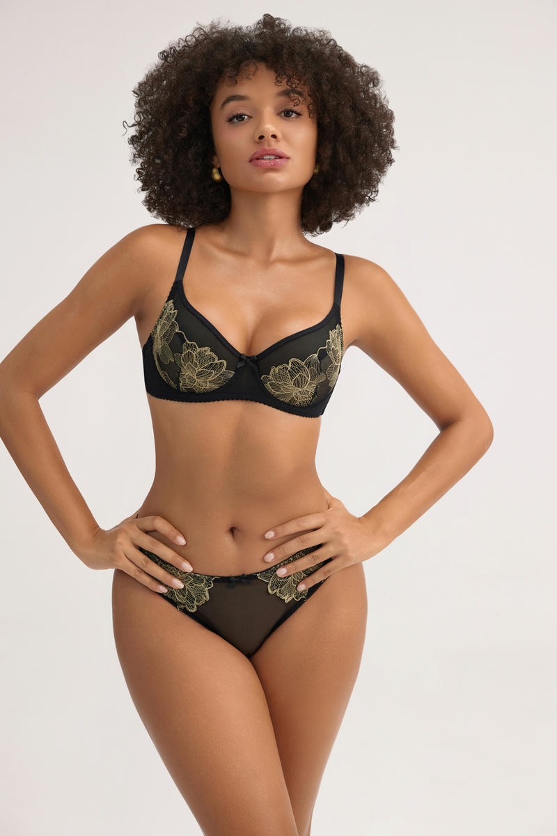 Black & Gold Floral Lace Lingerie Bra Set - Luxurious Accents, Stretchy Fabric - MW7029