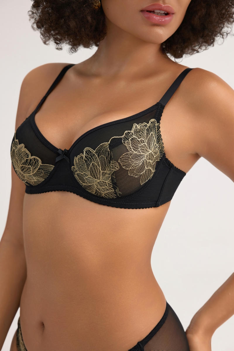 Black & Gold Floral Lace Lingerie Bra Set - Luxurious Accents, Stretchy Fabric - MW7029